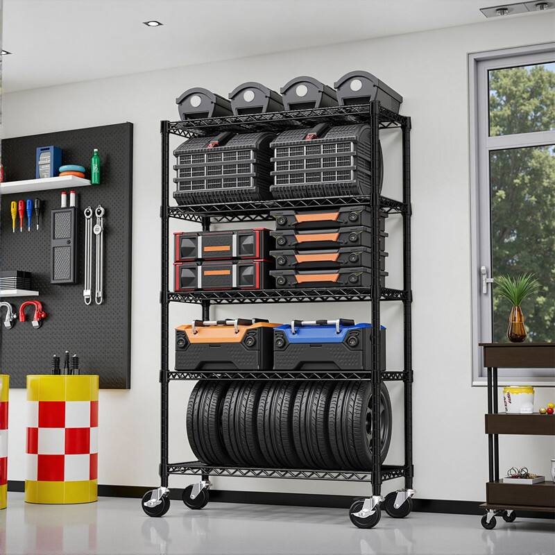 3/5/6-Tier Adjustable Heavy Duty Wire Shelving Unit with Wheels, Chrome/Black/White