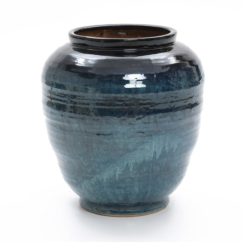 Rippled Blue with Brown Round Ceramic Vase, Home Decor Tabletop & Floor Accent - 17.32" H x 15.75" Diameter