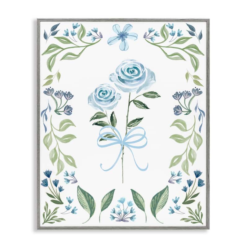 Stupell Blue Roses & Floral Border Framed Giclee Art Design By Kristen Brockmon - 16 x 20 - Grey