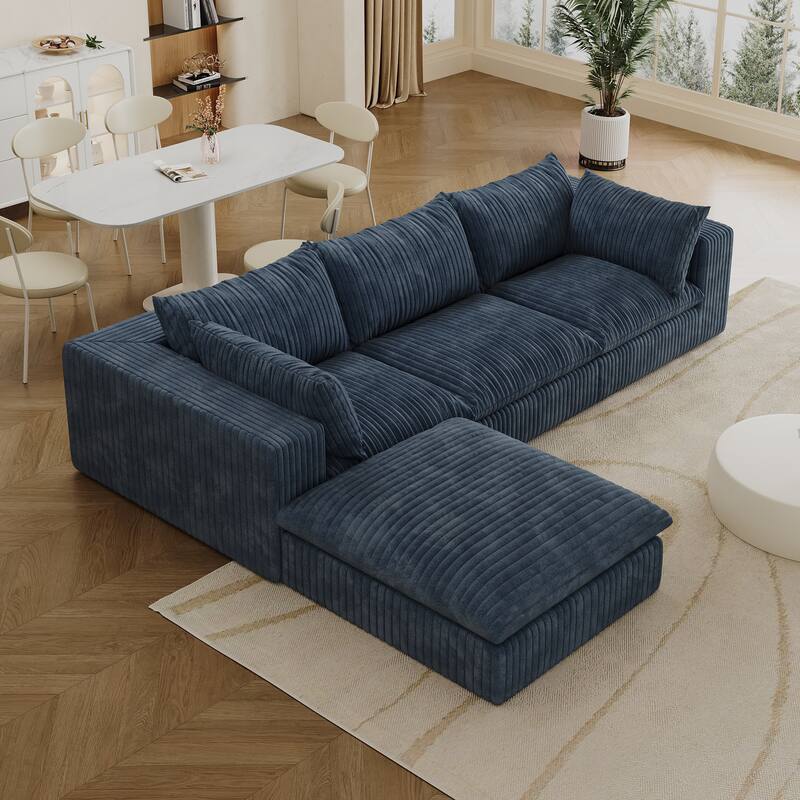 L-shaped Modular Deep Seat Couch Corduroy Chaise Sectional Sofa with Ottoman and Removable Cushions for Living Room - Blue