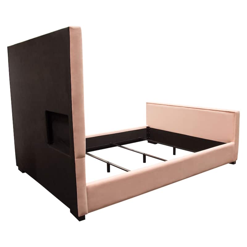 Eva King Bed, Vertical Channel Tufted Blush Pink Velvet Upholstery