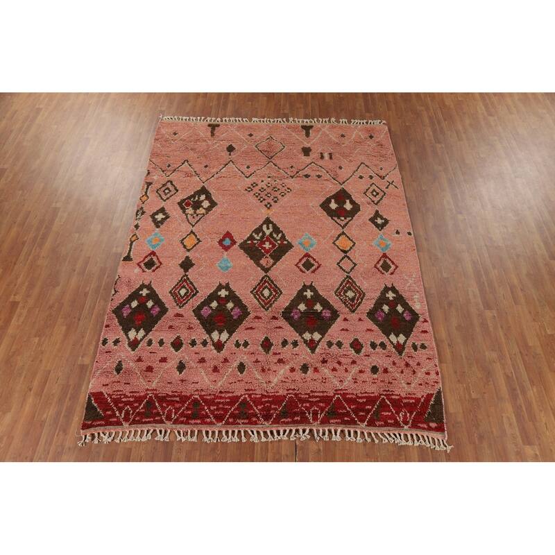 Plush Pink Moroccan Area Rug Hand-Knotted Tribal Wool Carpet - 7'11" x 10'8"