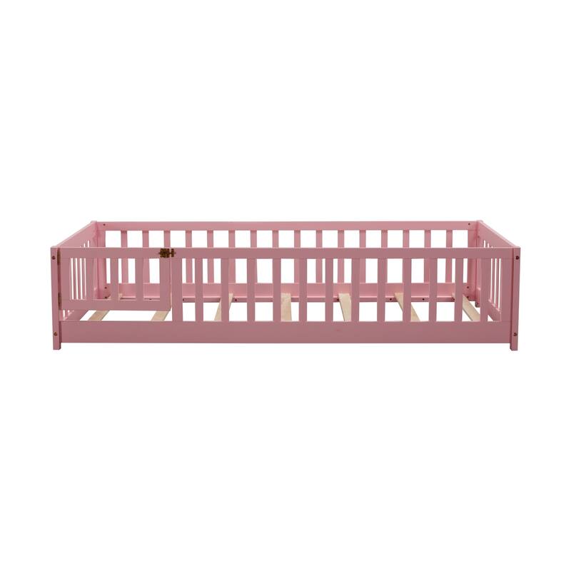 Twin size Floor Platform Bed with Fence and Door