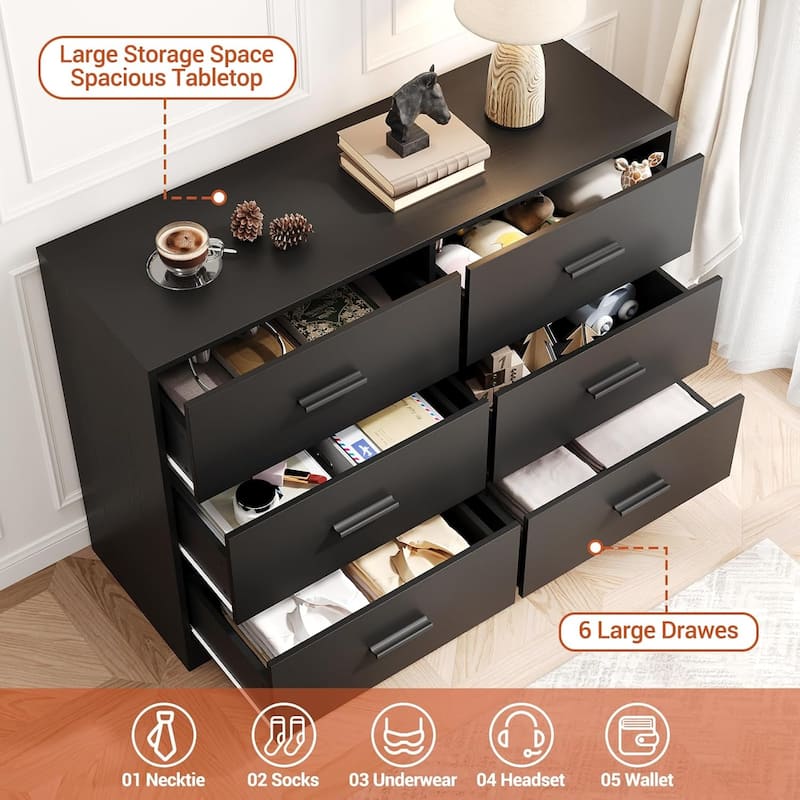 Dresser for Bedroom with 6 Drawers Modern Closet Dressers Chest of Drawers Wooden Dresser
