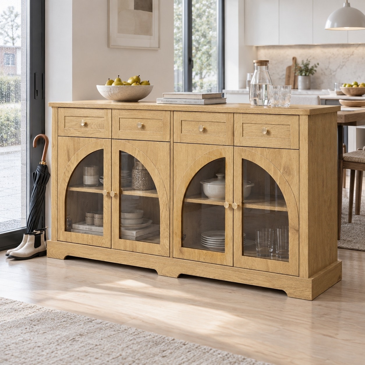 60" Modern Sideboard Cabinet with 4 Drawers, 4 Arched Glass Doors and Adjustable Shelves