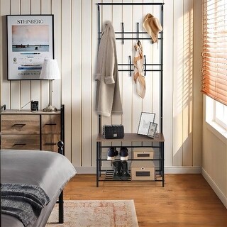 Bedroom Clothes Rack with Hanging Rods and Shelf and Shoe Cabinet - Bed ...