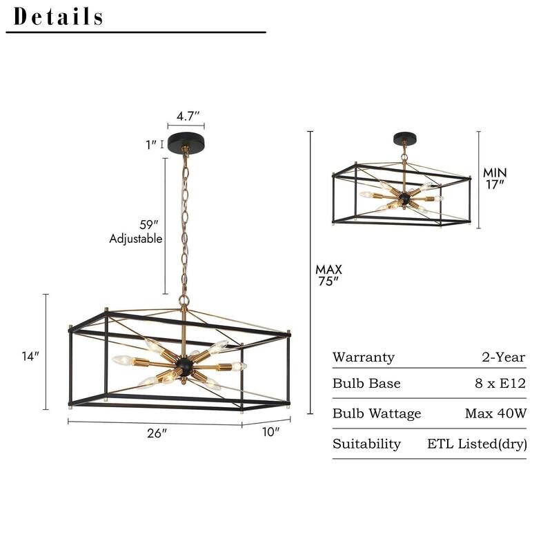 Leno Modern Farmhouse 8-Light Black Gold Rectangle Chandelier Starburst Island Lights for Dining Room - 26" L x 10" W x 14" H