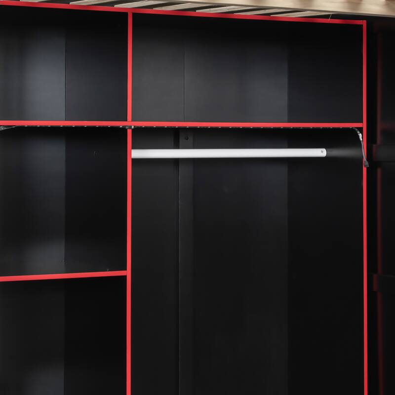 Roomfitters Full Size Loft Bed with Desk, Open Wardrobe Storage, and RGB Lighting