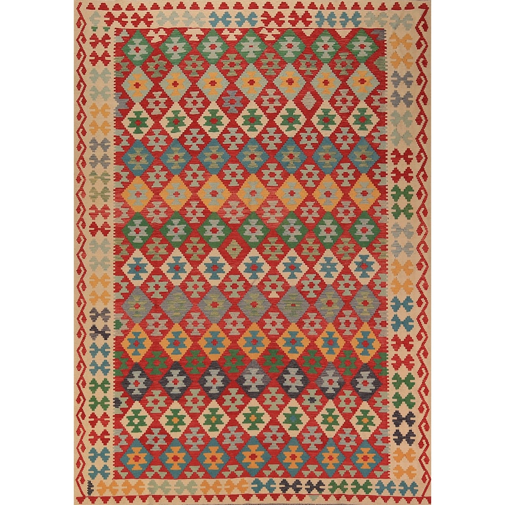 Geometric Kilim Orange Area Rug Hand-Woven Wool Carpet - 8'3" x 11'3"