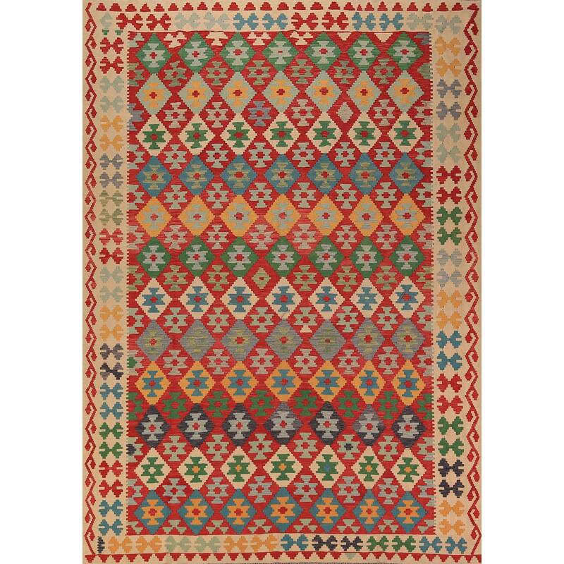 Geometric Kilim Orange Area Rug Hand-Woven Wool Carpet - 8'3" x 11'3"