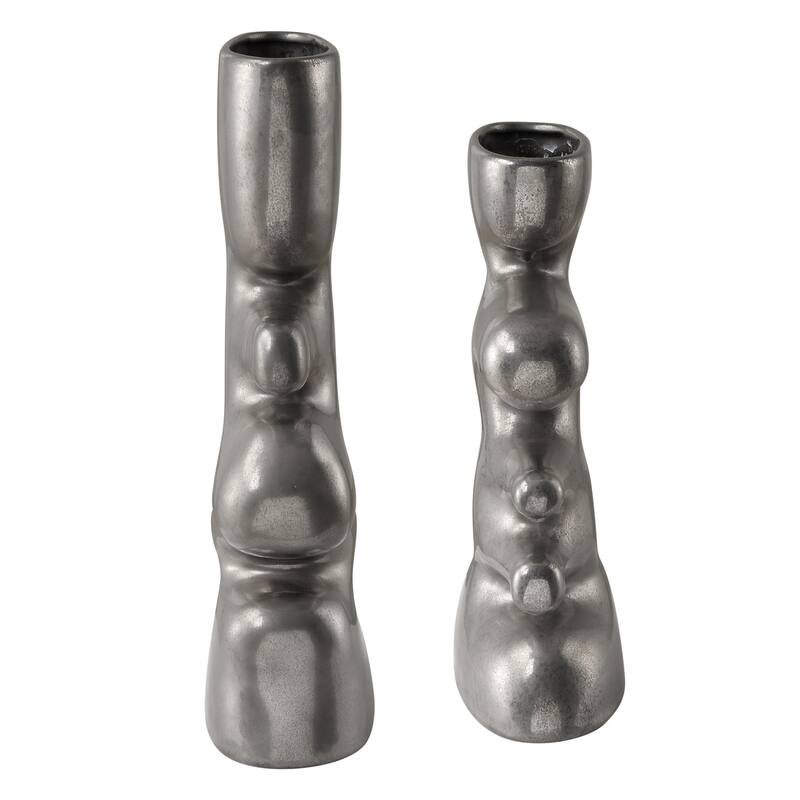Abstract Style Ceramic Vases - 14" - Nickel Finish - Set of 2