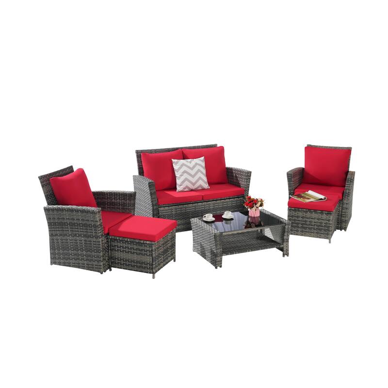 6-Piece Outdoor Patio Rattan Sectional Sofa Set with Glass Table