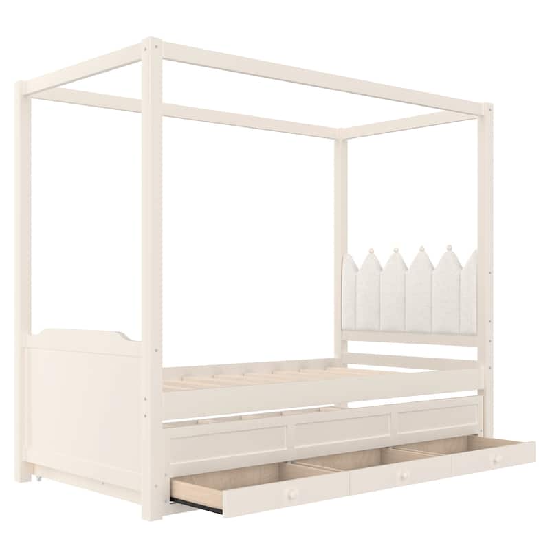 Full/Twin Platform Bed with Upholstered Headboard, Trundle & 3 Drawers, Princess Canopy Bed