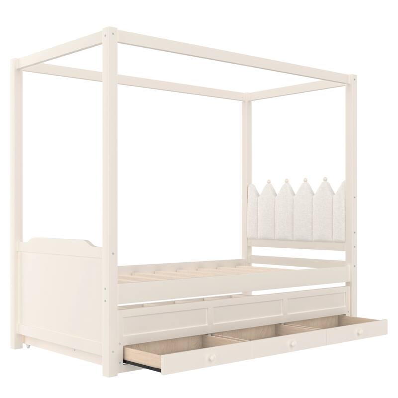 Twin Platform Bed with Upholstered Headboard, Twin Size Trundle and 3 Drawers, Princess Canopy Bed Frame for Kids