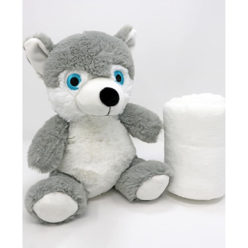 Boys and Girls Plush Gray Wolf With Blanket - Multi