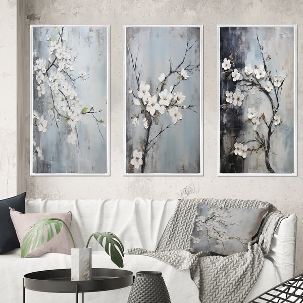slide 2 of 8, Designart "Apple Blossom Harmony XIII" Floral Framed Wall Art Set Of 3 Frame Gallery Wall Set For Home Decor 38 in. wide x 20 in. high - 3 Panels - White