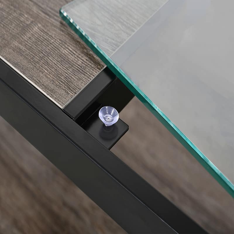 Anmytek Modern Coffee Table Two Tone Top Black Metal Frame Glass Modern Living Room Storage Shelf