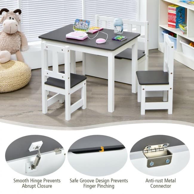 4 Pieces Kids Wooden Activity Table and Chairs Set with Storage Bench and Study Desk - 27.5" (L) X 19" (W) X 20" (H)