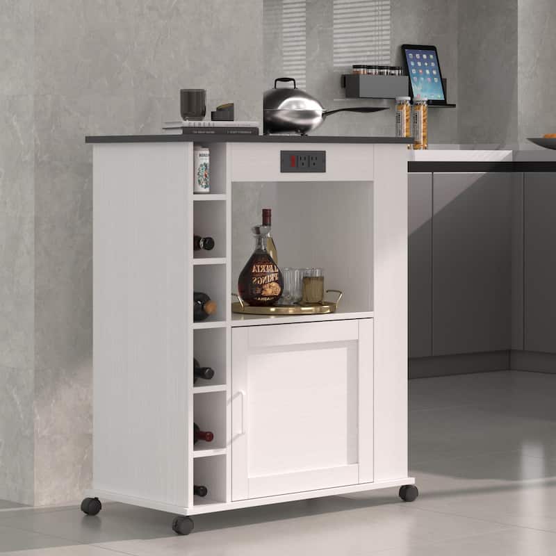 VECELO Kitchen Cart with Wheels and Charging Station,35.4'Kitchen Island Cart Wine Rack Bar Table, Bar Cabinet