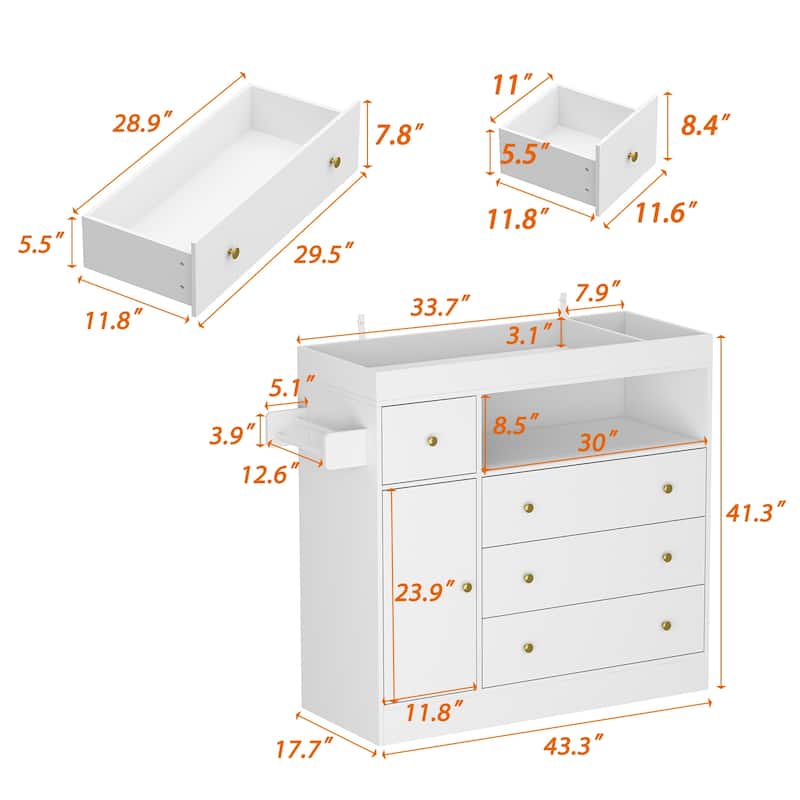 White Dresser with 4 Drawers & 1 Cabinet Double Dresser Changing Table