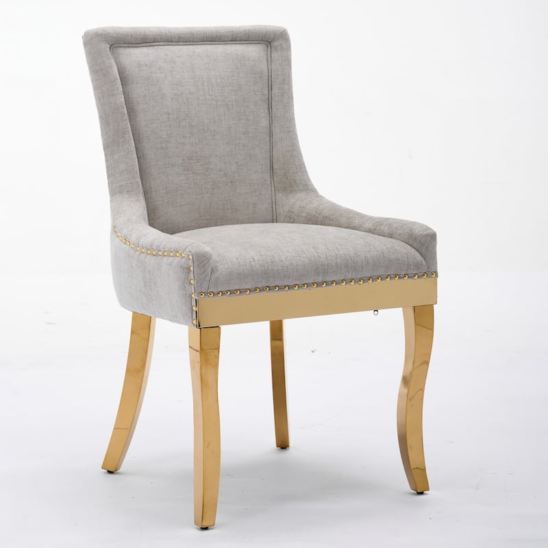 Chenille Dining Chairs, Modern Style with Curved Gold - Plated Legs & Rivet Trim, Beige,Set of 2
