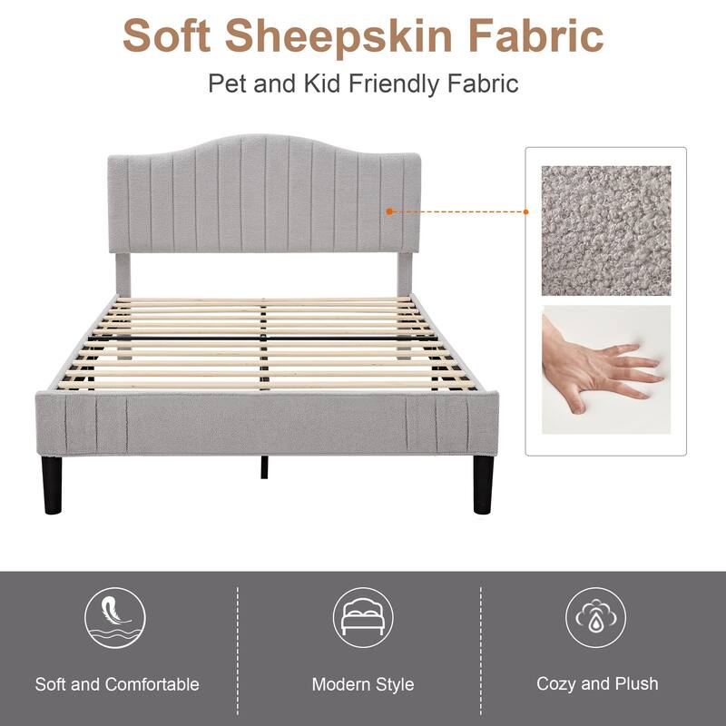 VECELO Upholstered Bed Frames, Platform Beds with Height Adjustable Teddy Fabric Headboard, 7.9'' Under Bed Space