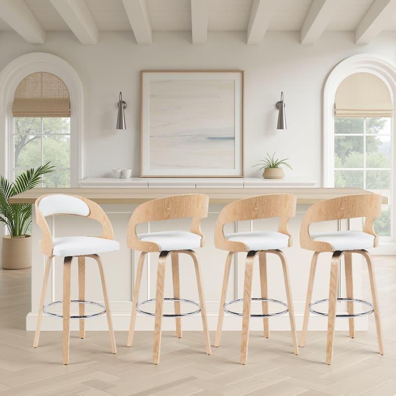 Shelly Mid-Century Swivel Bar Stool, Upholstered Counter Height Chair with Bentwood Legs - White & Oak - Bar Height - Set of 4