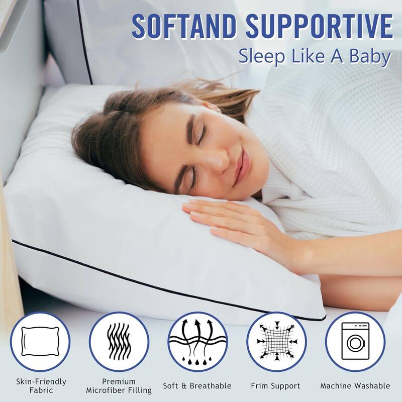 1pc Hypoallergenic Gray Edged 100% Cotton Standard Hotel Pillow, Easy Care