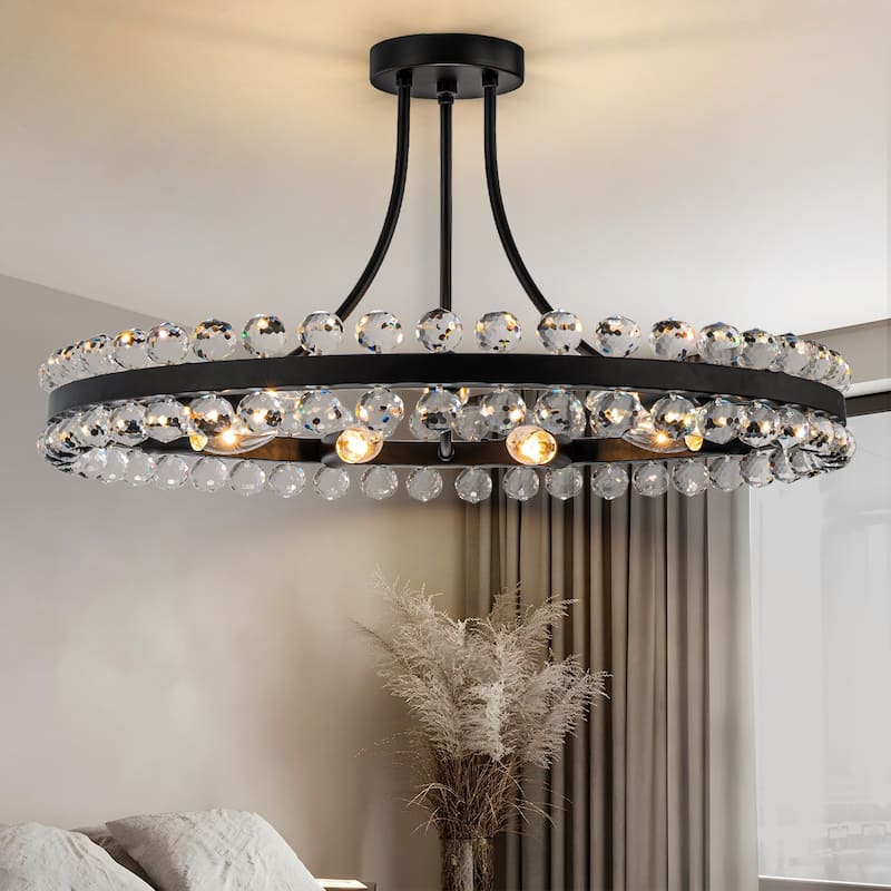 Starsky 4/9-light Modern Crystal Ceiling Light Round Semi Flush Mount - Black - 9-Light