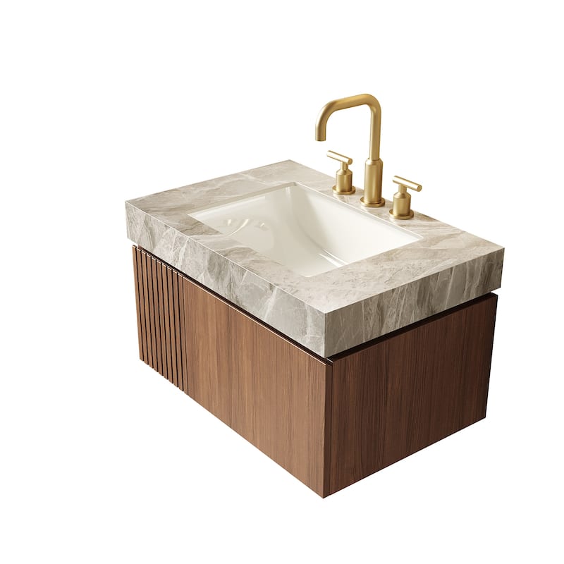 30" Bathroom Vanity&Sink, Floating Plywood Storage Cabinet with Drawer&Door, Ceramic Basin with 3 Pre-drilled Faucet Holes