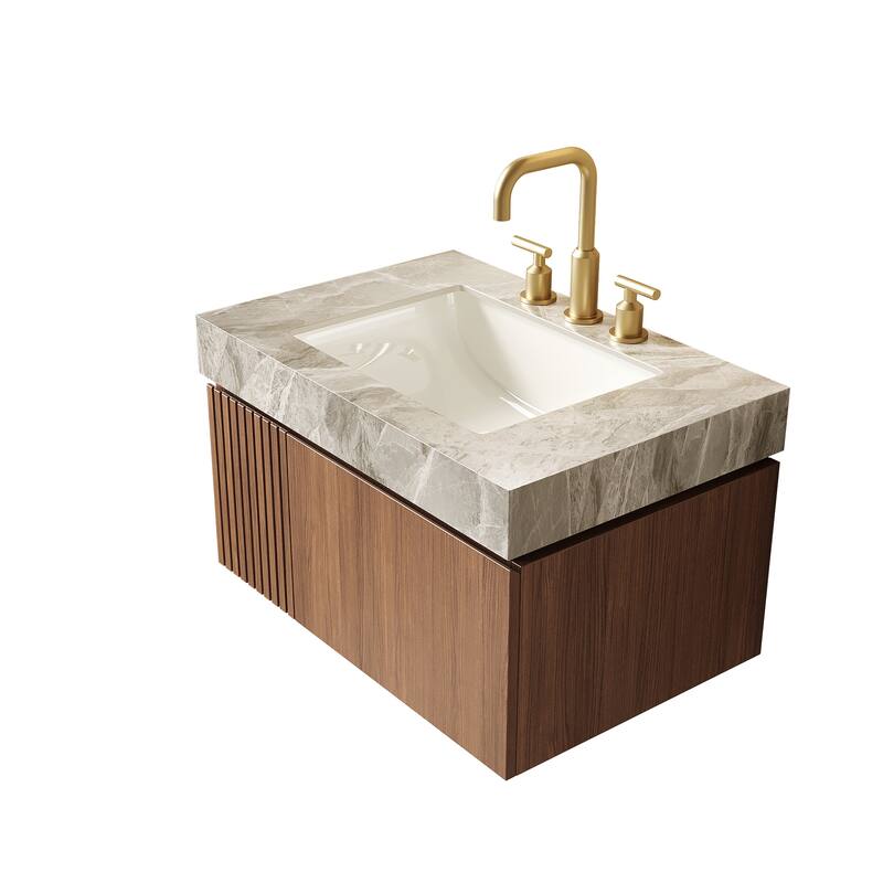 30" Floating Bathroom Vanity with Sintered Stone Top & Ceramic Basin, Plywood Cabinet with Drawer & Door
