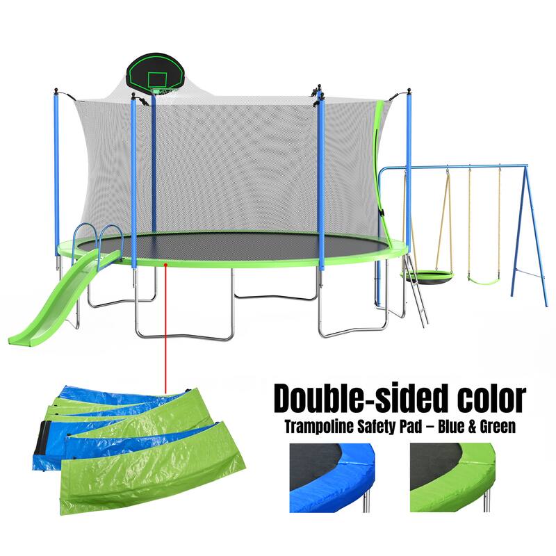 12FT Trampoline with Slide and Swings(Double color cover), Trampoline with Basketball Hoop and Ladder
