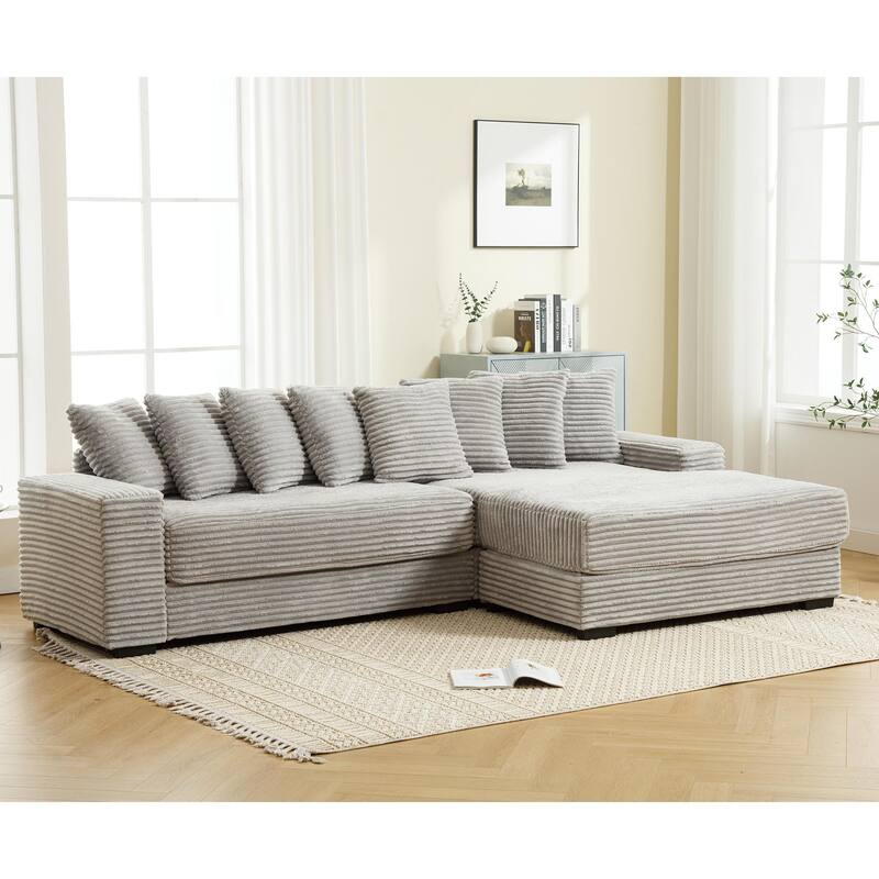 Gray 111" Corduroy L-Shaped Sectional Sofa with Right Chaise & 8 Pillows