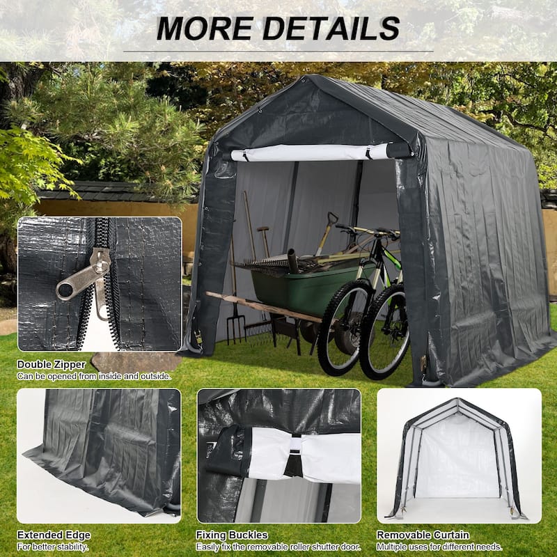 Aoodor Heavy Duty Storage Shelter, Portable Shed Carport with Roll-up Zipper Door ,Waterproof and UV Resistant - 6'×8'