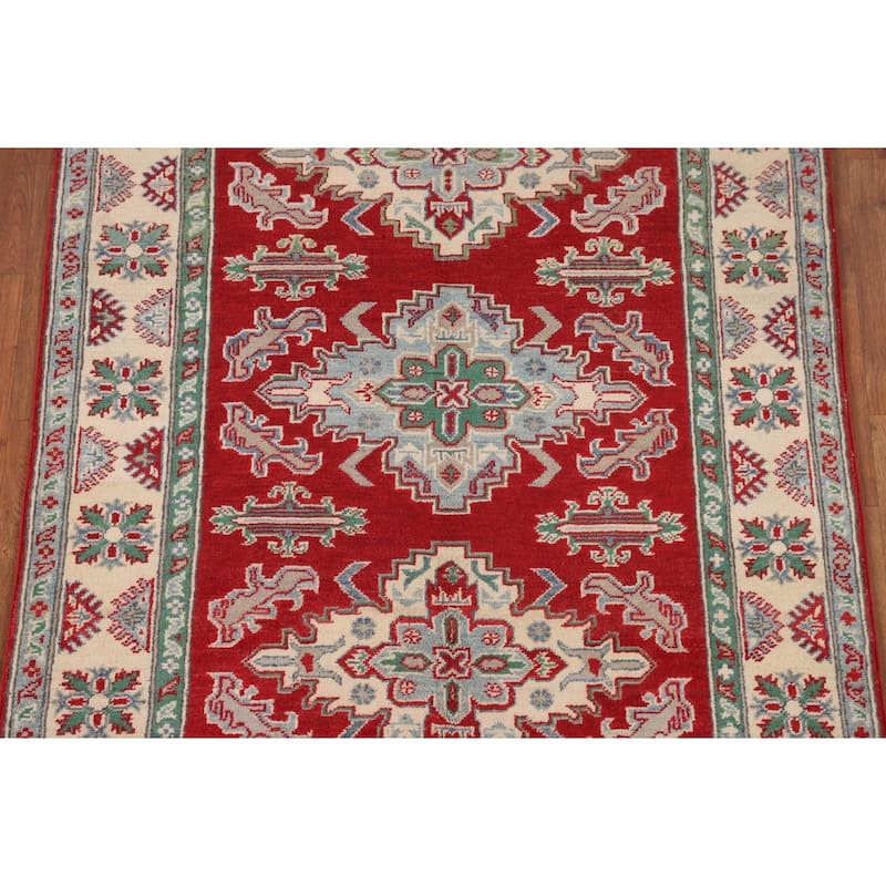 Red Geometric Kazak Rug Handmade Wool Carpet - 3'11" x 5'7"