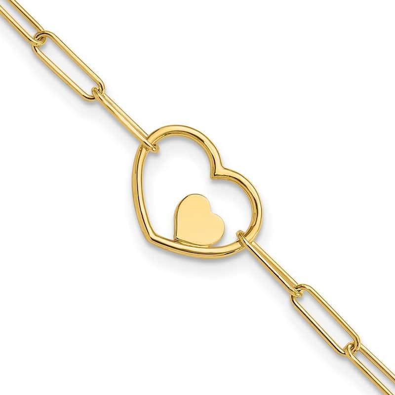 Curata 14k Yellow Gold 7.25" 14.3mm Paperclip Link Double Heart Bracelet