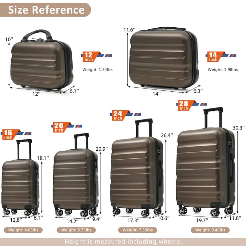 6-Piece Modern Hard-Shell Luggage, Lightweight Luggage with Spinner Wheels, for Boarding Travel, Brown