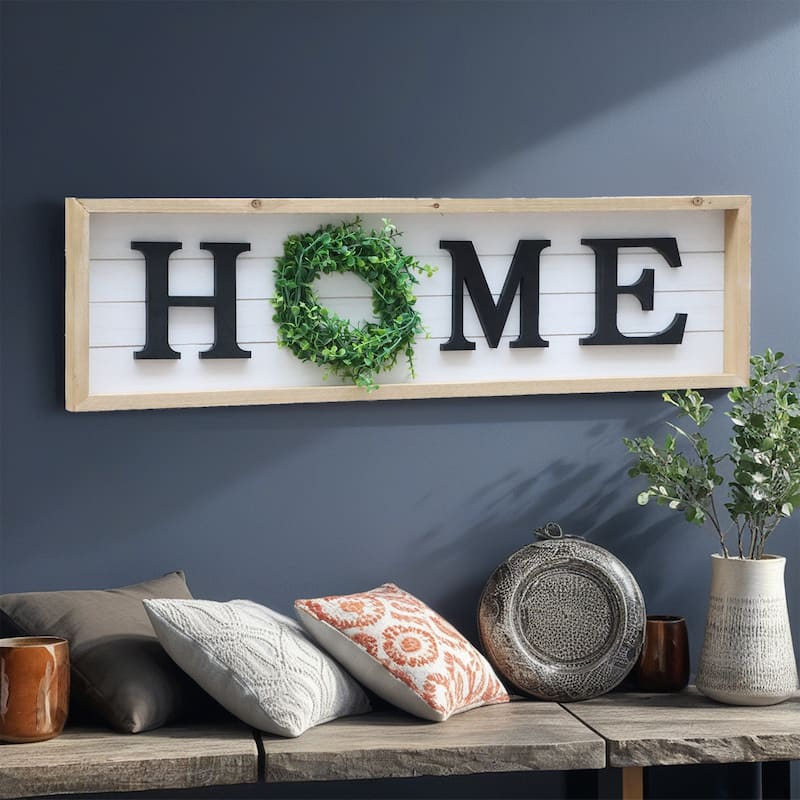 Wooden Home Sign Plaque with PVC Wreath for Entryway