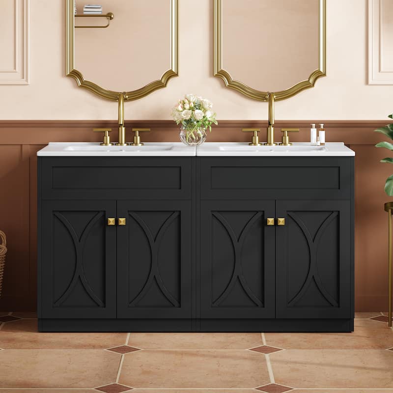 60'' Bathroom Vanity With Ceramic Sink Combo, Modern Freestanding Storage Cabinet With Gold Handles,Soft Closing Doors - Black