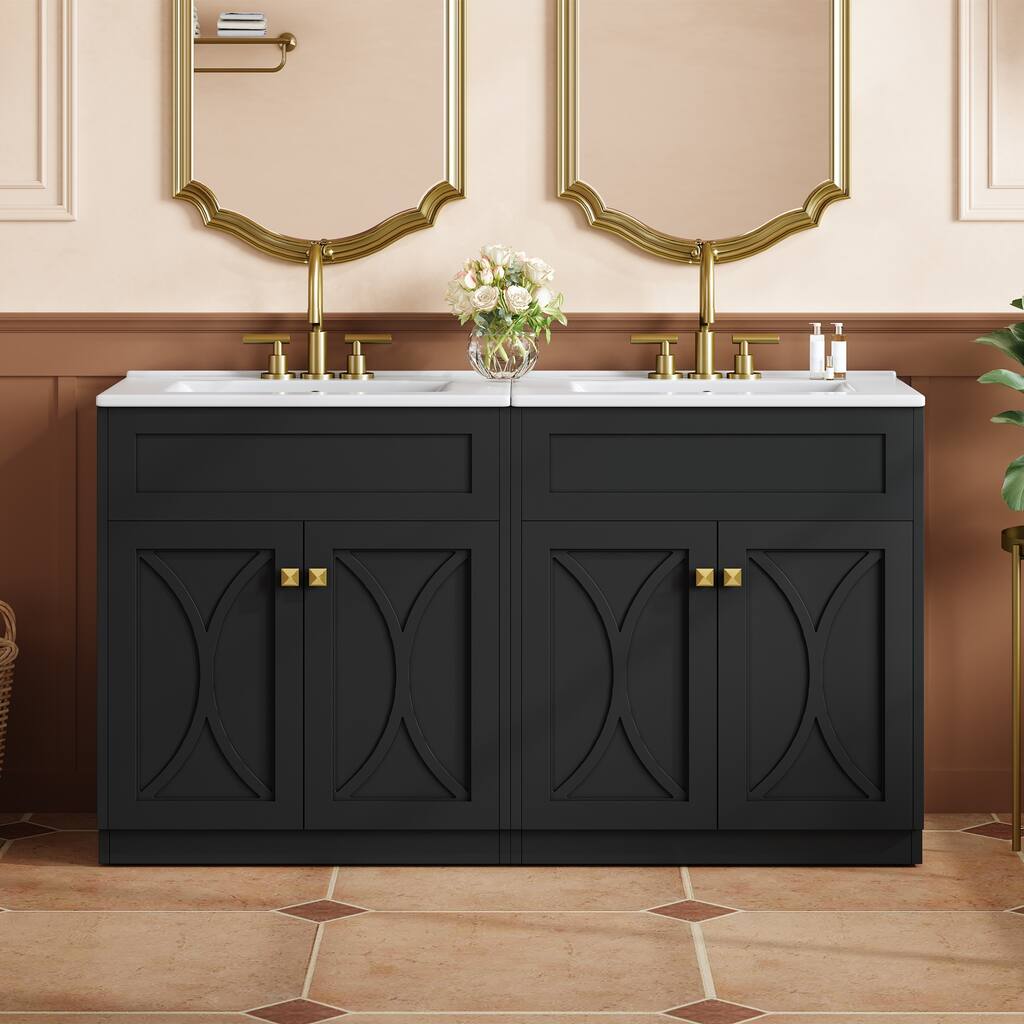 60'' Bathroom Vanity With Ceramic Sink Combo, Modern Freestanding Storage Cabinet With Gold Handles,Soft Closing Doors