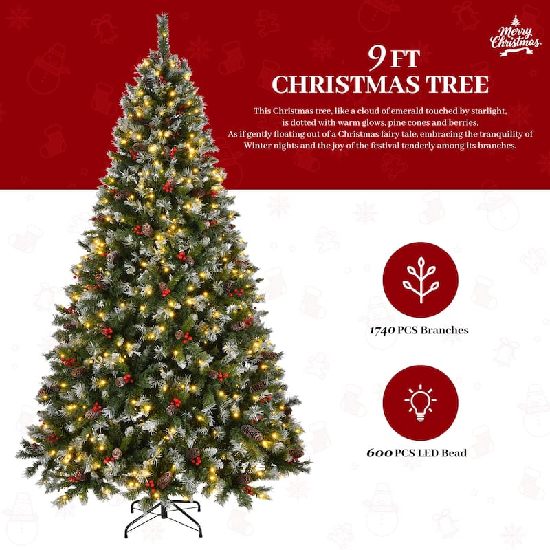 9ft Pre-Lit Pre-Decorated Pine Hinged Artificial Christmas Tree with 1740 Flocked Frosted Tips, Metal Base