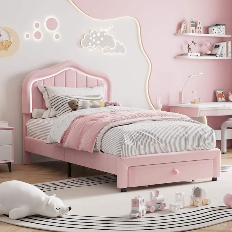 Upholstered Bed Frame with Storage Drawer and LED Headboard, Wooden Slat Support, Easy to Assemble
