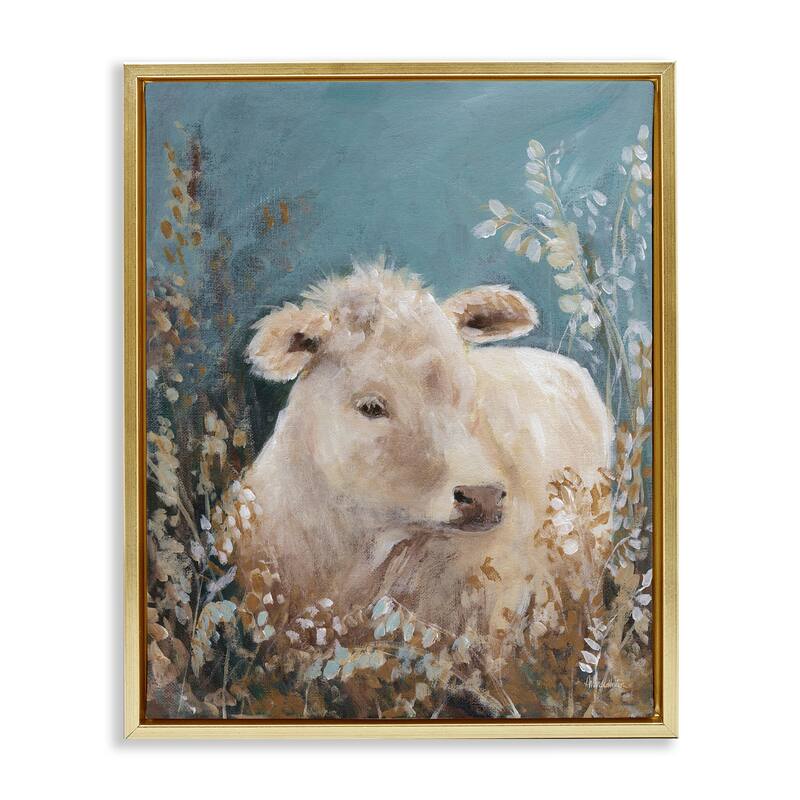 Stupell Soft Cattle Amongst Florals Framed Floater Canvas Wall Art Design By Amanda Hilburn - 17 x 21 - Gold