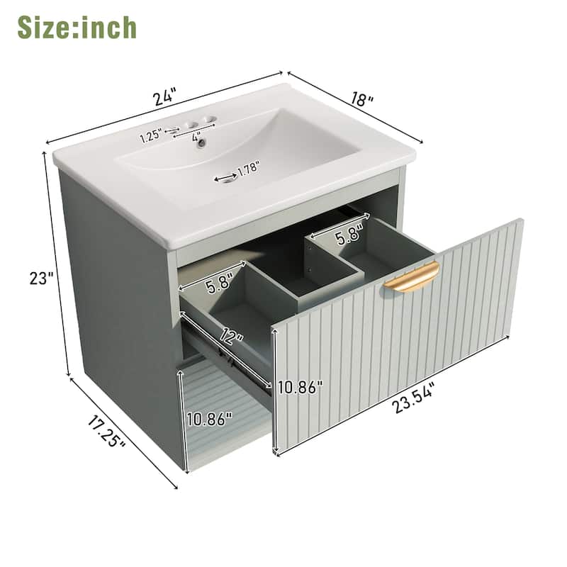 Modern 24-Inch Wall-Mounted Bathroom vanity with 2 Drawers