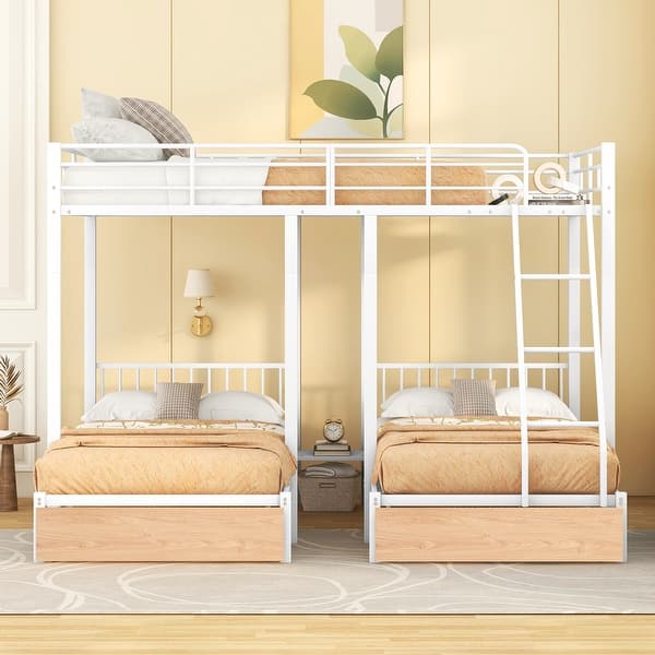 slide 2 of 9, Metal Triple Bunk Bed for 3, Full Over Twin & Twin Bunk Bed with 2 Storage Drawers for Kids, Can be Divided into 3 Separate Beds