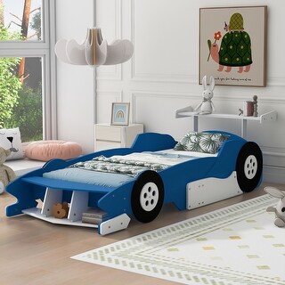Race Car-Shaped Platform Bed for Kids - Fun Design with Safety Rails