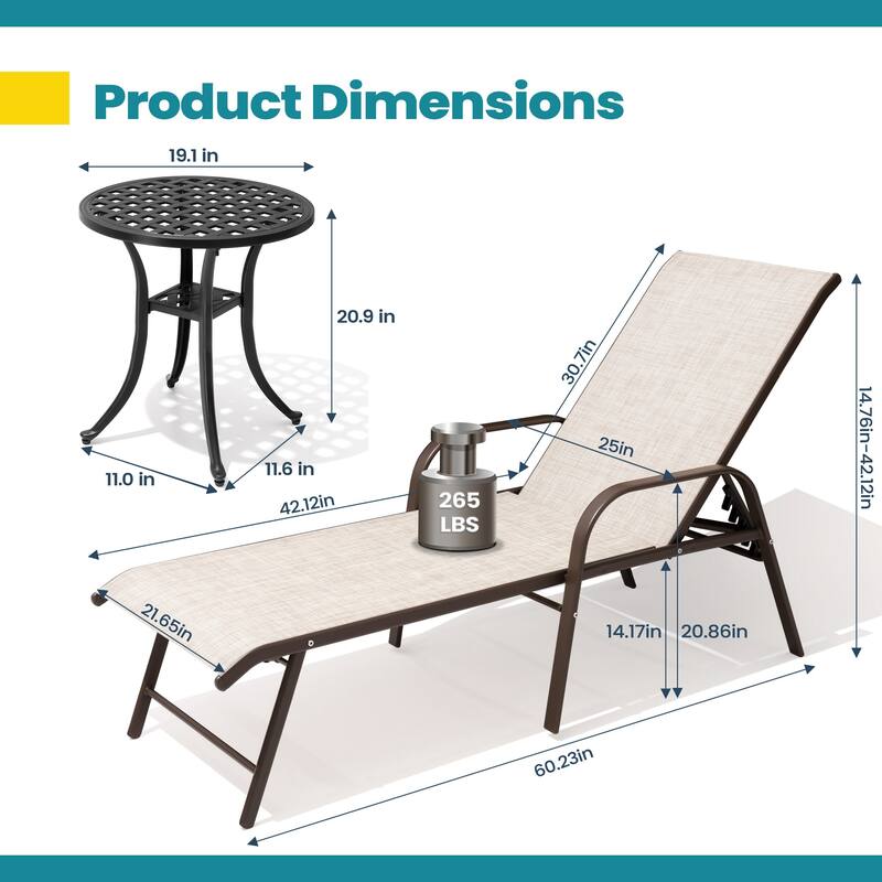 Pellebant Outdoor Lounge Chair Aluminum Adjustable Backrest with side table