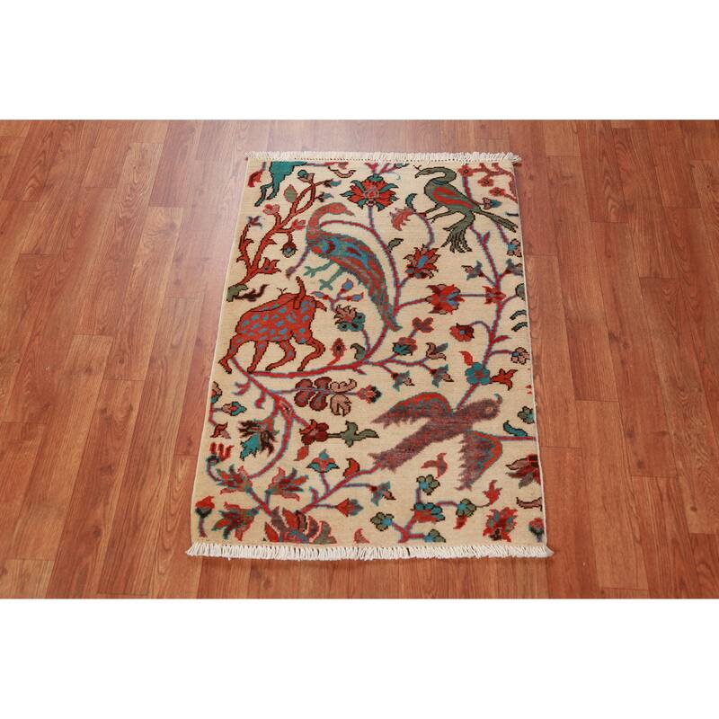 Traditional Kazak Oriental Foyer Rug Hand-Knotted Beige Wool Carpet - 2'0"x 3'0"