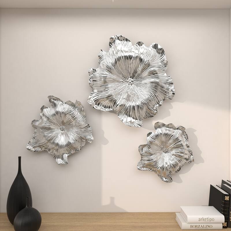Silver Polystone 3D Floral Home Wall Decor (Set of 3)
