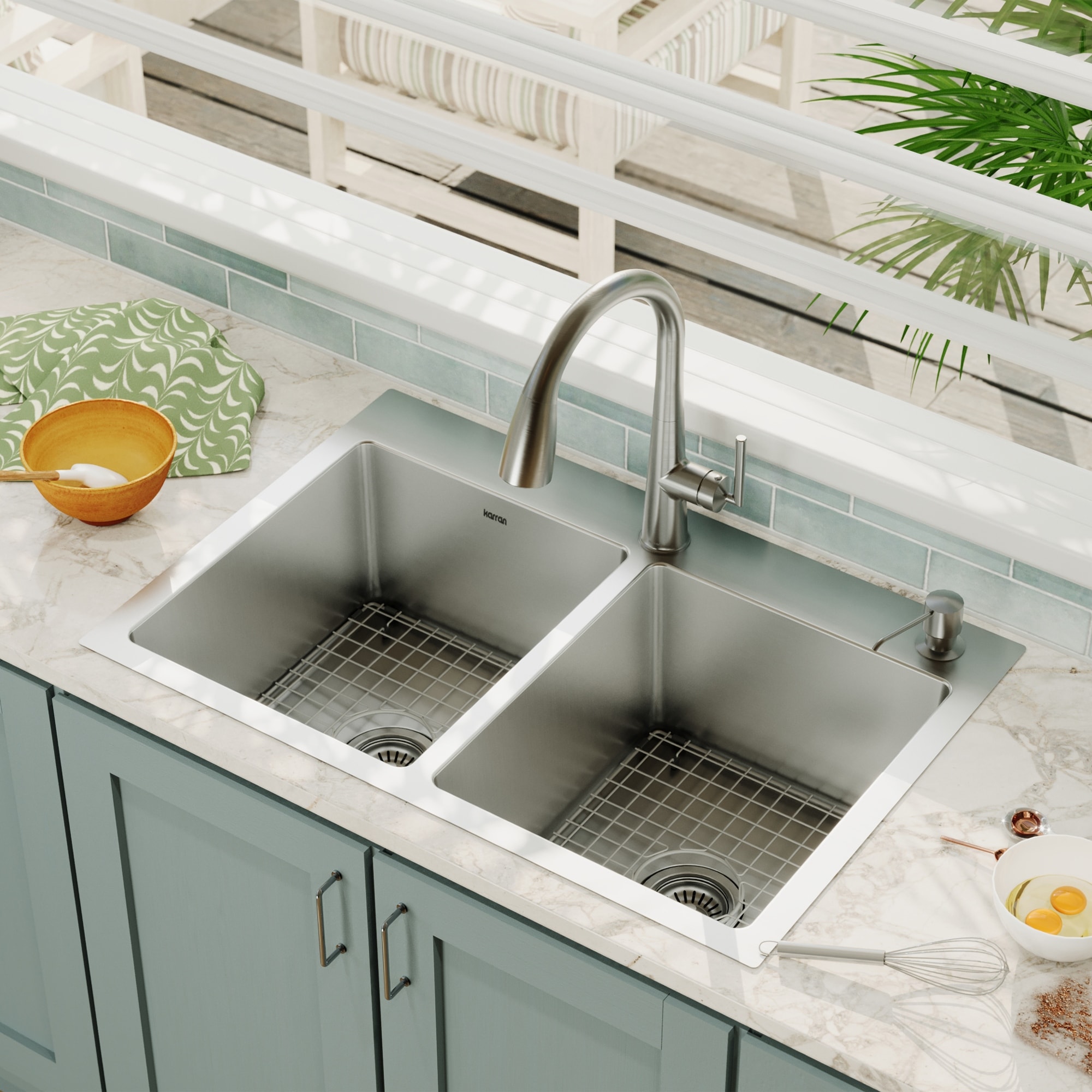 Karran 33" Top Mount Double Equal Bowl Stainless Steel Sink Kit - Silver